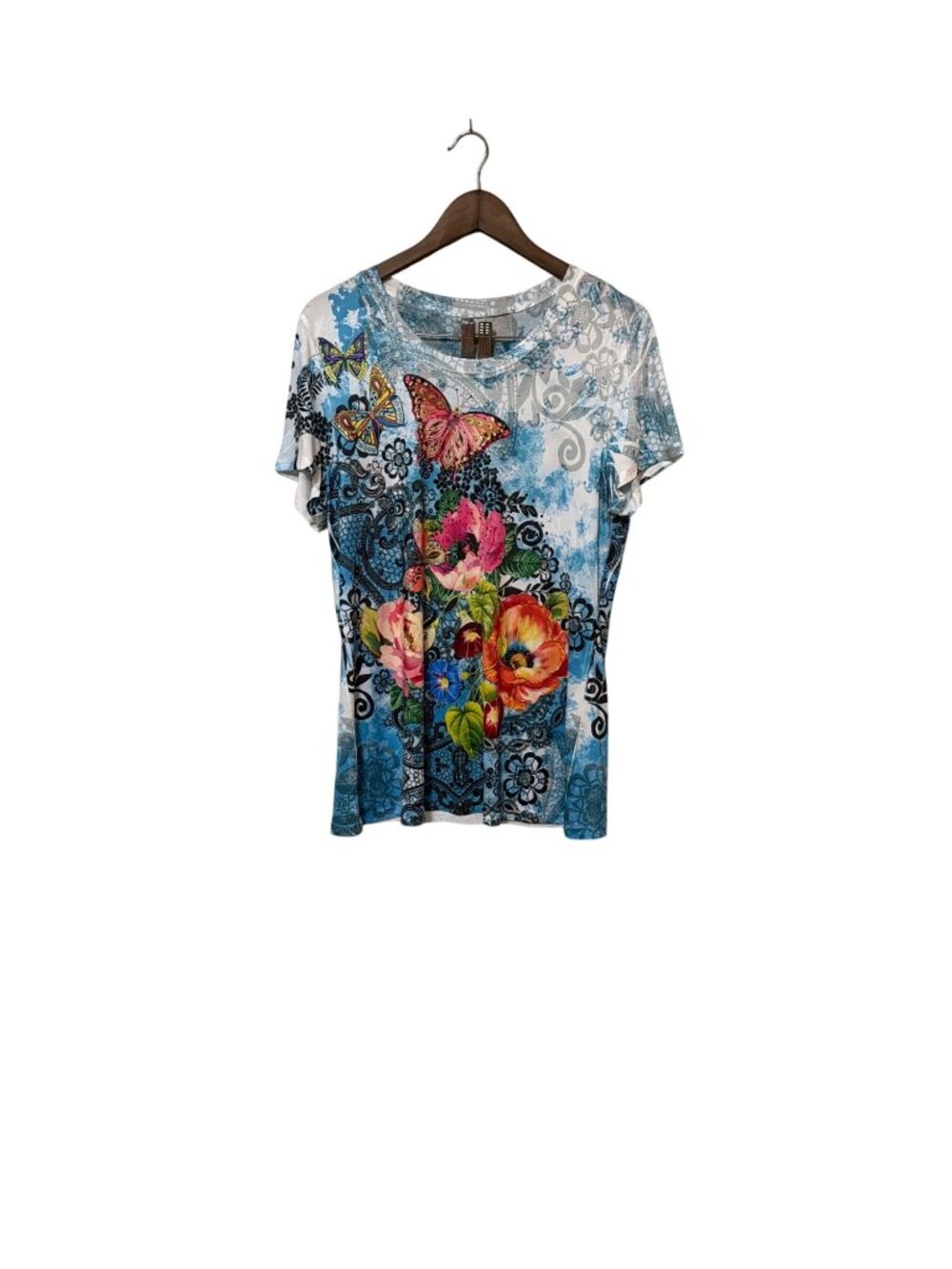 Floral & Butterfly Print Short Sleeve Top Blue & Multicolor Design Womens Size X